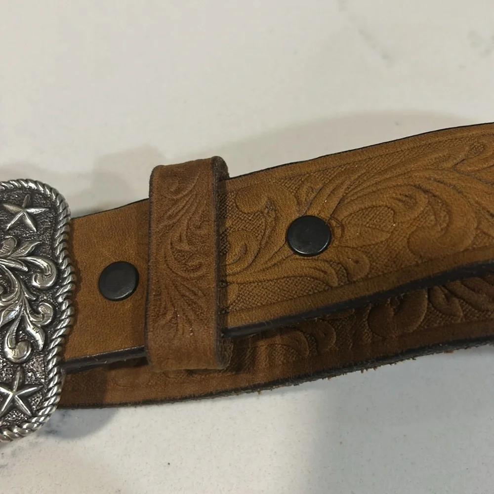 Child Size Soft Brown Leather Belt with American Flag Buckle